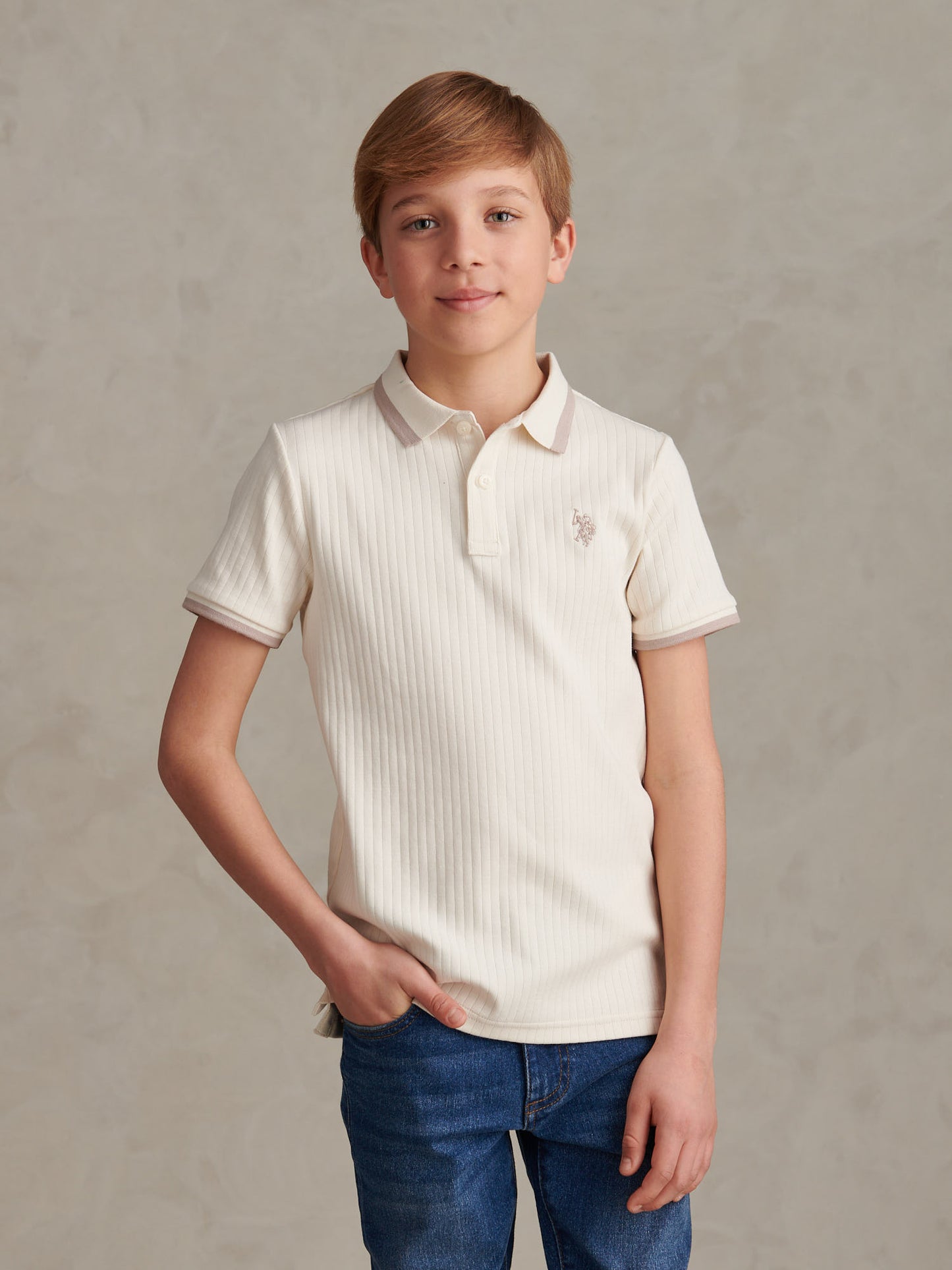 Boys Rib Texture Polo Shirt in Whisper White