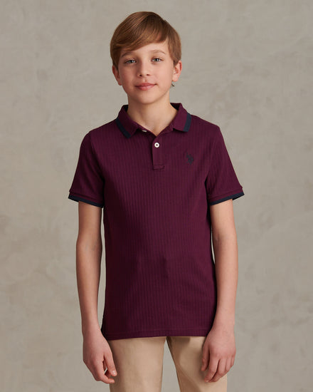 Boys Rib Texture Polo Shirt in Grape Wine