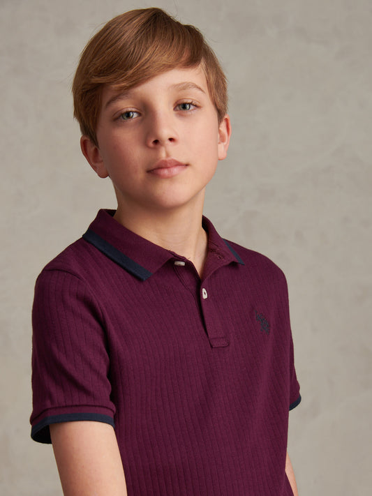 Boys Rib Texture Polo Shirt in Grape Wine