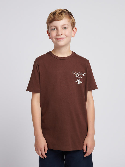 Boys Script Print Back Graphic T-Shirt in Chocolate Martini