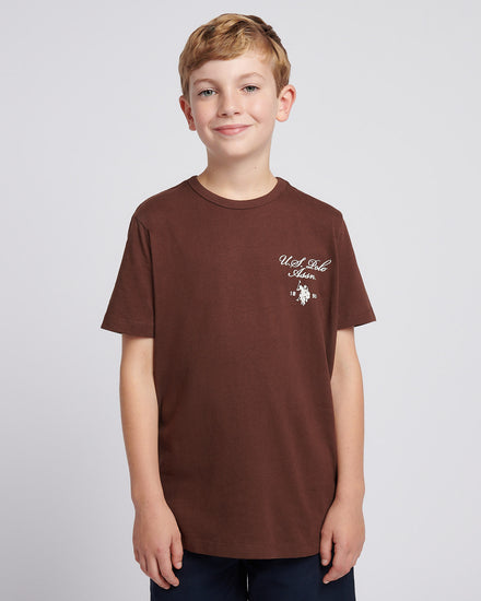 Boys Script Print Back Graphic T-Shirt in Chocolate Martini