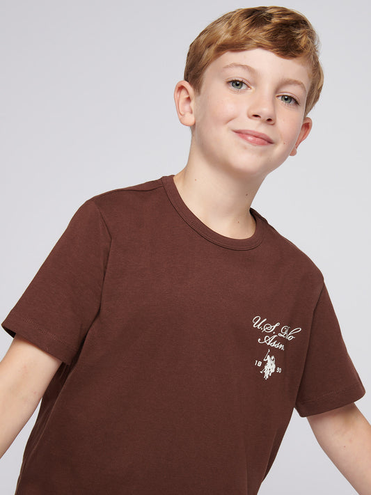 Boys Script Print Back Graphic T-Shirt in Chocolate Martini