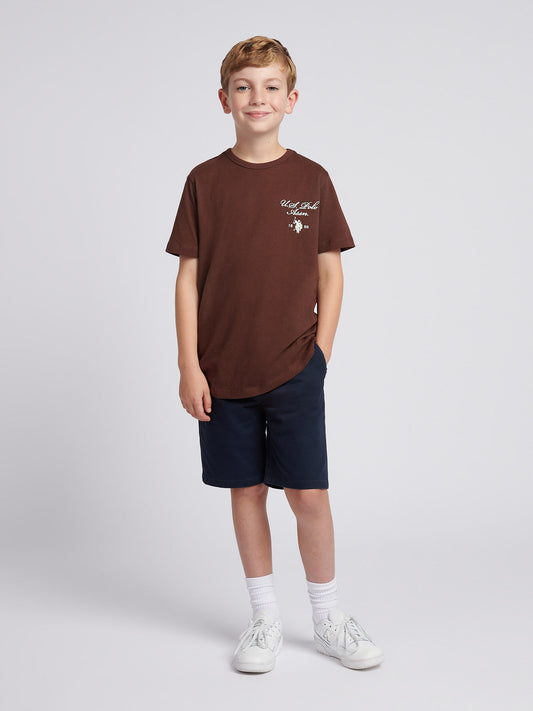 Boys Script Print Back Graphic T-Shirt in Chocolate Martini