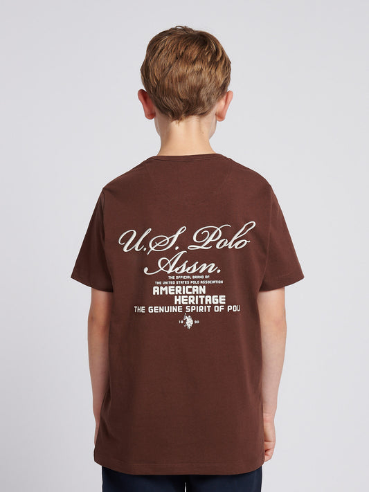 Boys Script Print Back Graphic T-Shirt in Chocolate Martini
