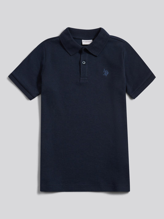 Boys Heritage Textured Polo Shirt in Dark Sapphire Navy / Moonlight Blue DHM