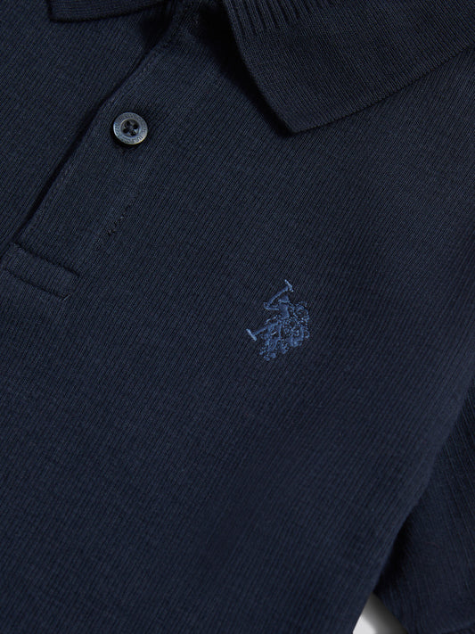 Boys Heritage Textured Polo Shirt in Dark Sapphire Navy / Moonlight Blue DHM