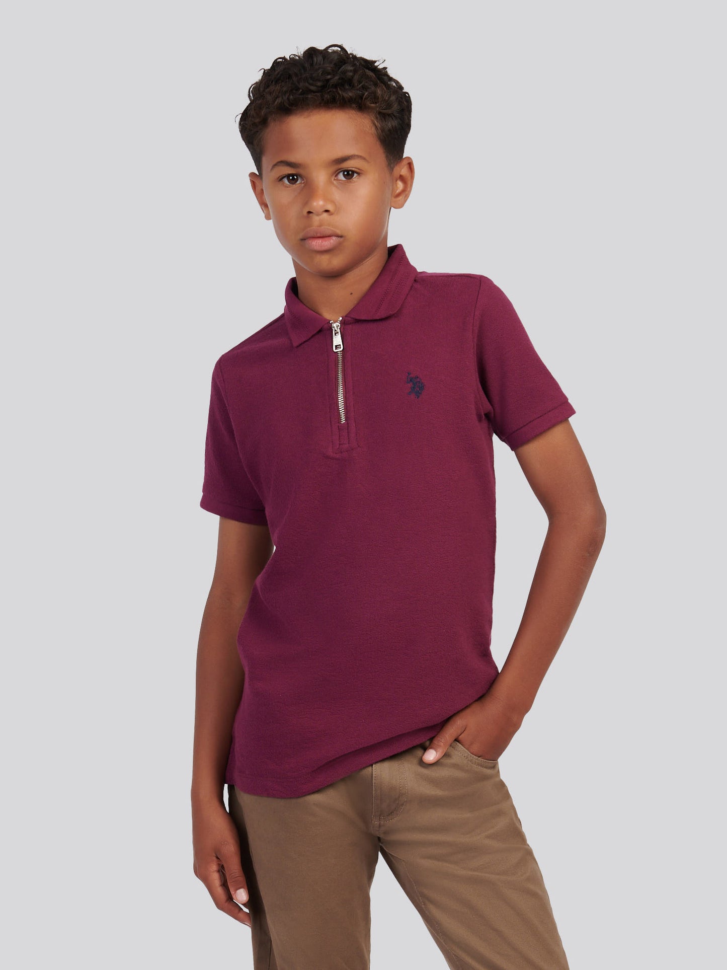 Boys Flat Pile Texture Zip Polo Shirt in Grape Wine