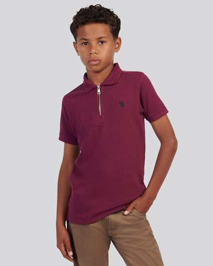 Boys Flat Pile Texture Zip Polo Shirt in Grape Wine
