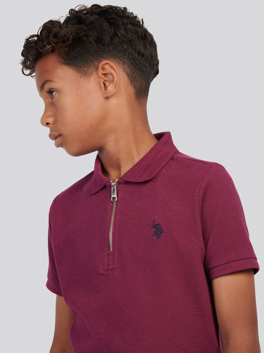 Boys Flat Pile Texture Zip Polo Shirt in Grape Wine