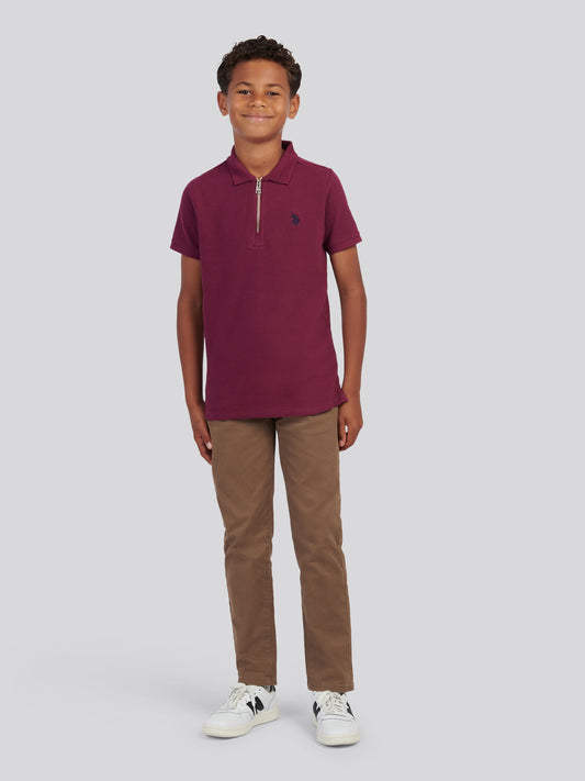 Boys Flat Pile Texture Zip Polo Shirt in Grape Wine