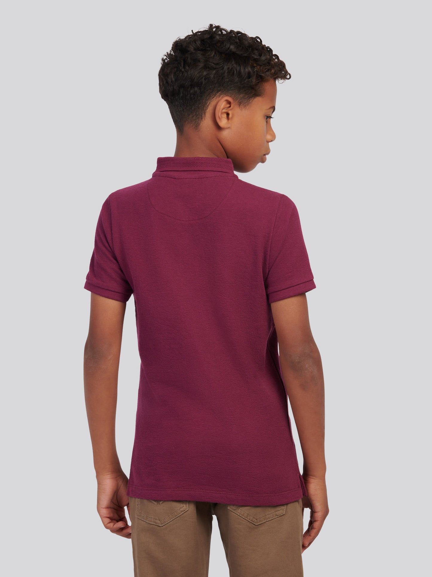 Boys Flat Pile Texture Zip Polo Shirt in Grape Wine