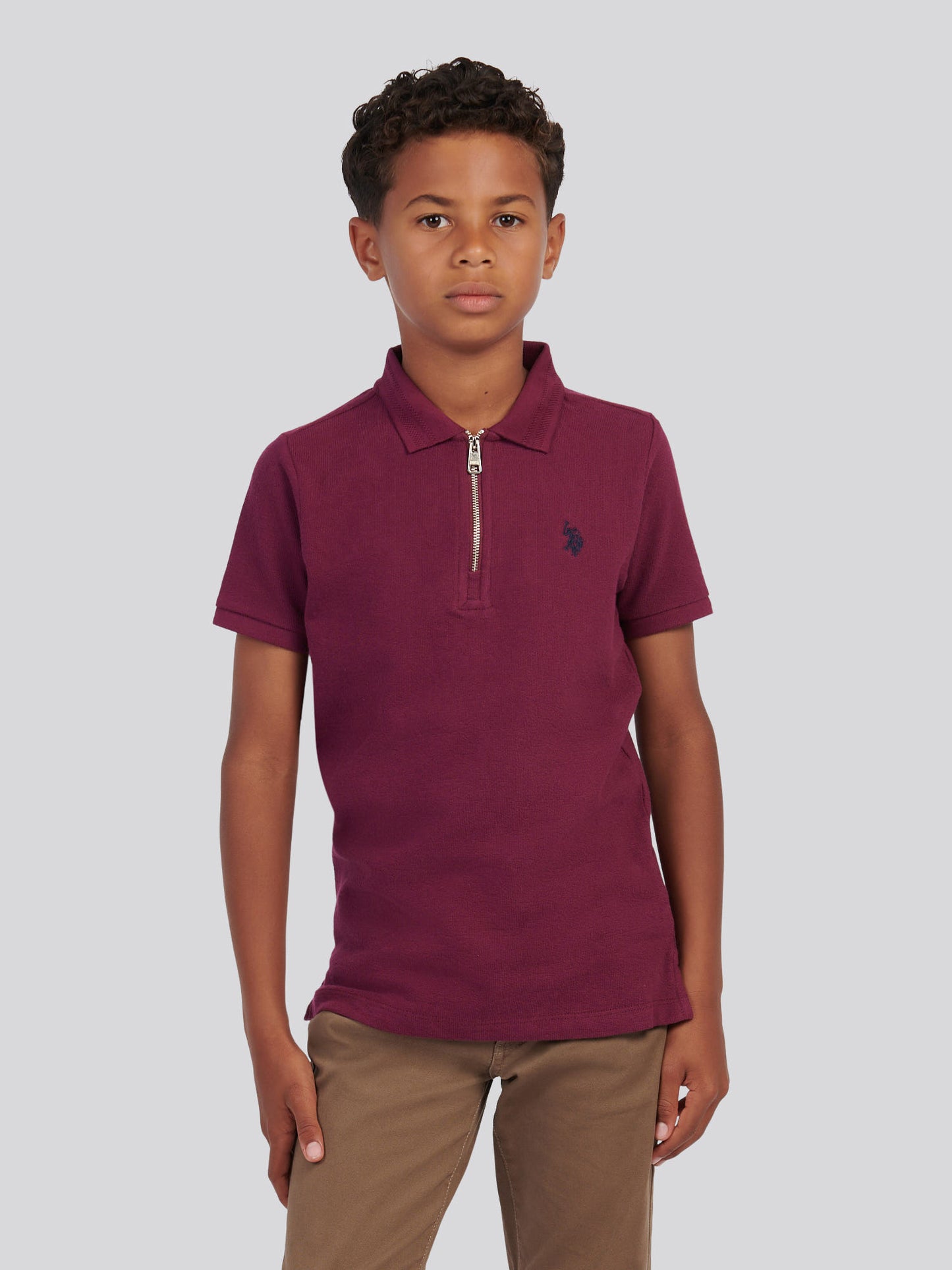 Boys Flat Pile Texture Zip Polo Shirt in Grape Wine