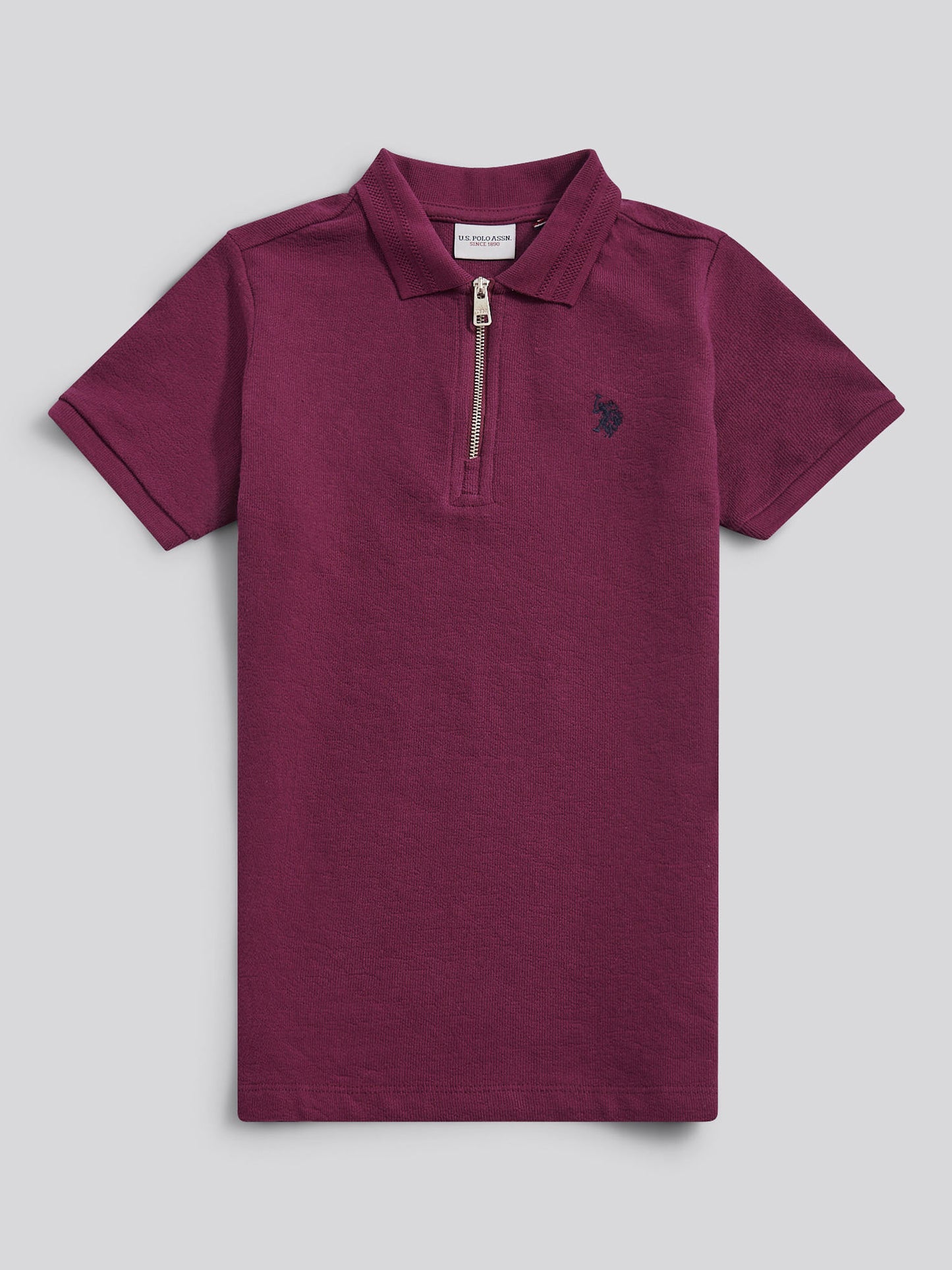 Boys Flat Pile Texture Zip Polo Shirt in Grape Wine