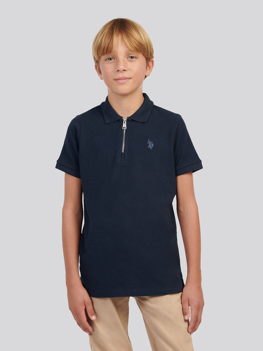 Boys Flat Pile Texture Zip Polo Shirt in Dark Sapphire Navy / Moonlight Blue DHM