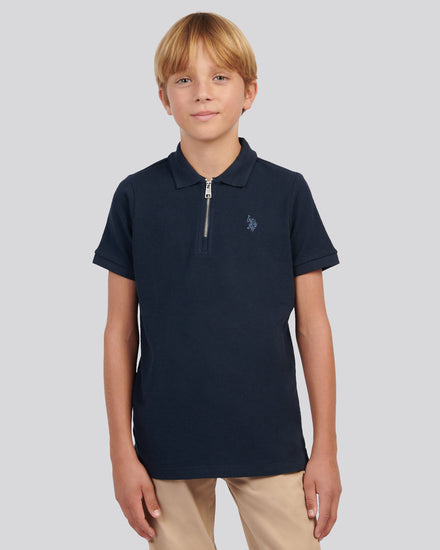 Boys Flat Pile Texture Zip Polo Shirt in Dark Sapphire Navy / Moonlight Blue DHM