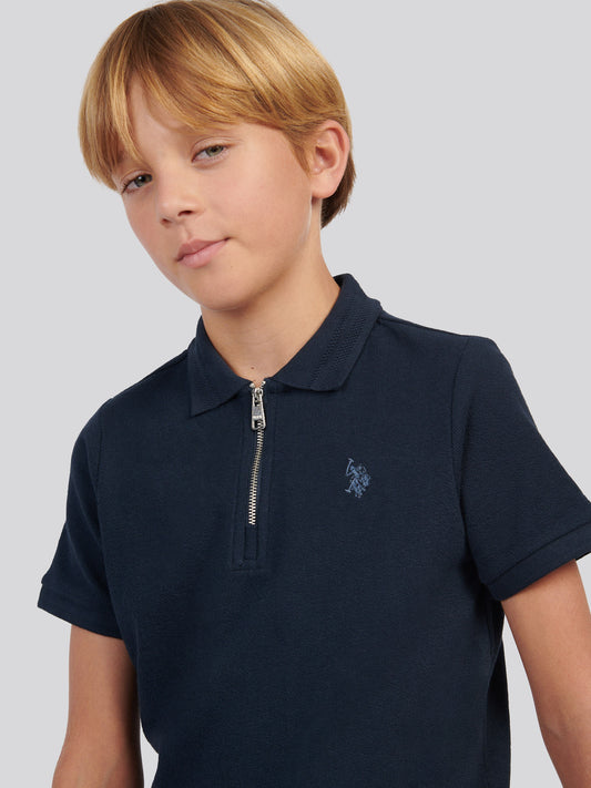 Boys Flat Pile Texture Zip Polo Shirt in Dark Sapphire Navy / Moonlight Blue DHM