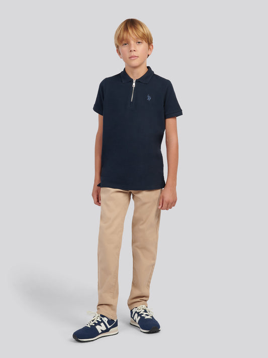 Boys Flat Pile Texture Zip Polo Shirt in Dark Sapphire Navy / Moonlight Blue DHM