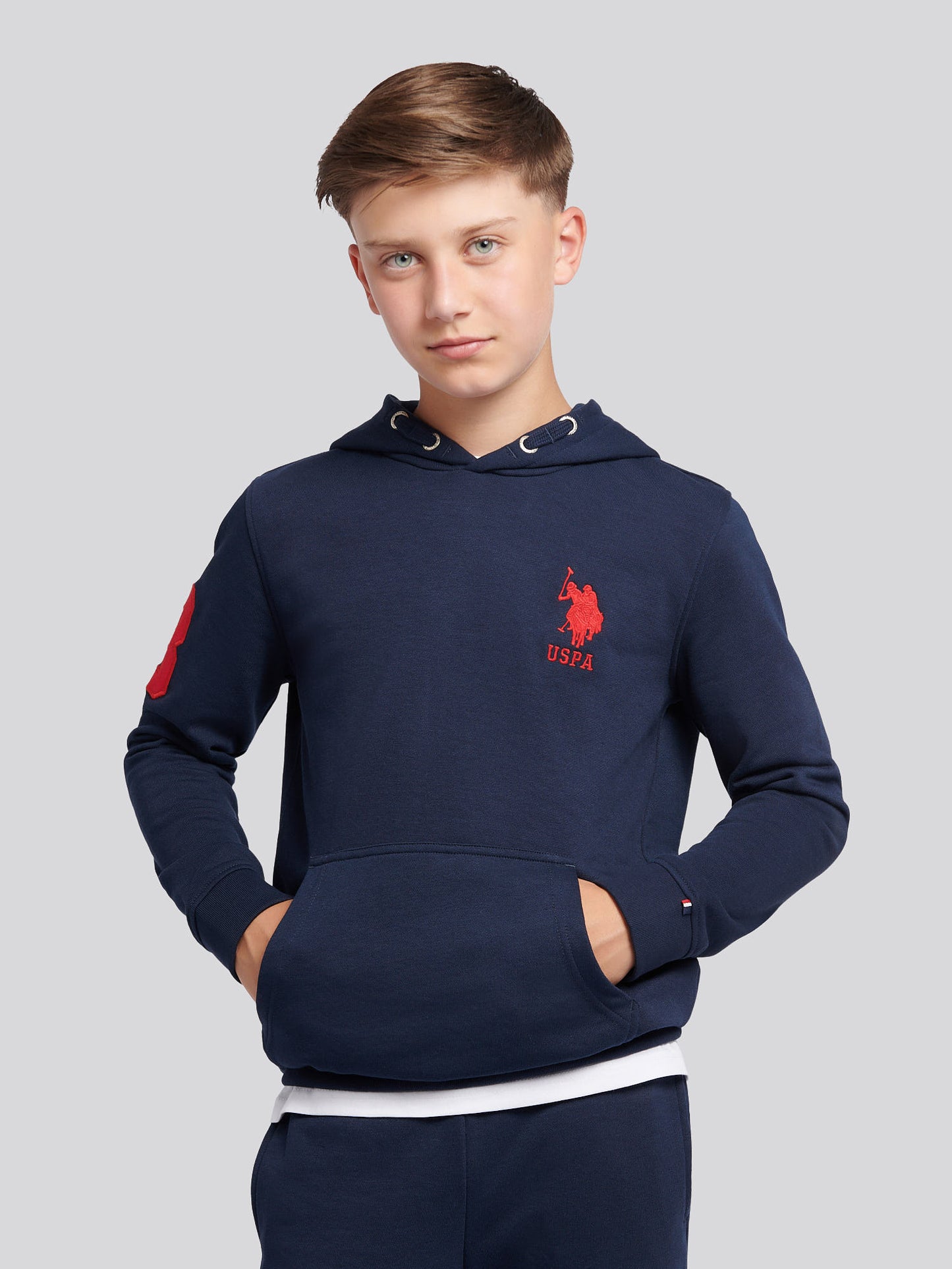 Boys Player 3 Hoodie in Dark Sapphire Navy / Haute Red DHM