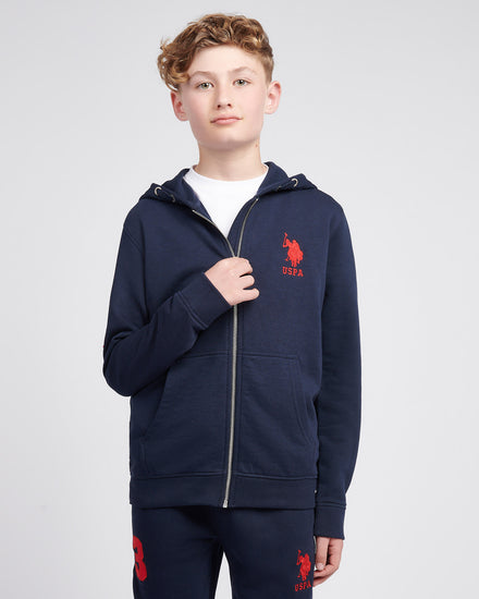 Boys Player 3 Zip Hoodie in Dark Sapphire Navy / Haute Red DHM