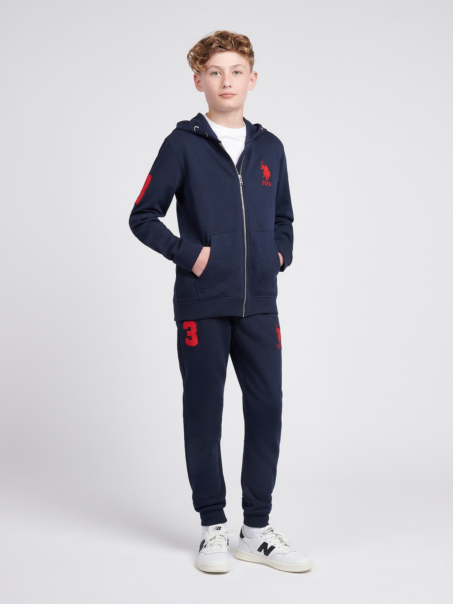 Boys Player 3 Zip Hoodie in Dark Sapphire Navy / Haute Red DHM