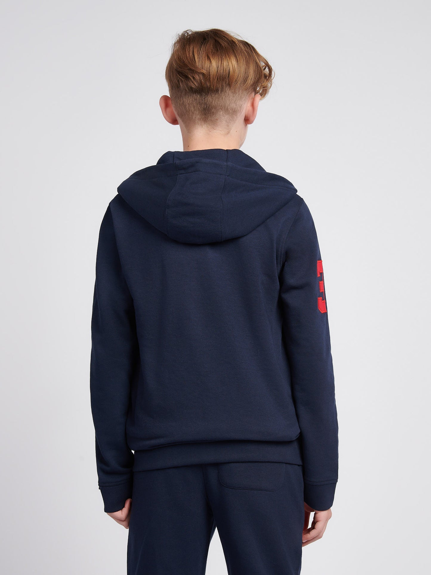 Boys Player 3 Zip Hoodie in Dark Sapphire Navy / Haute Red DHM
