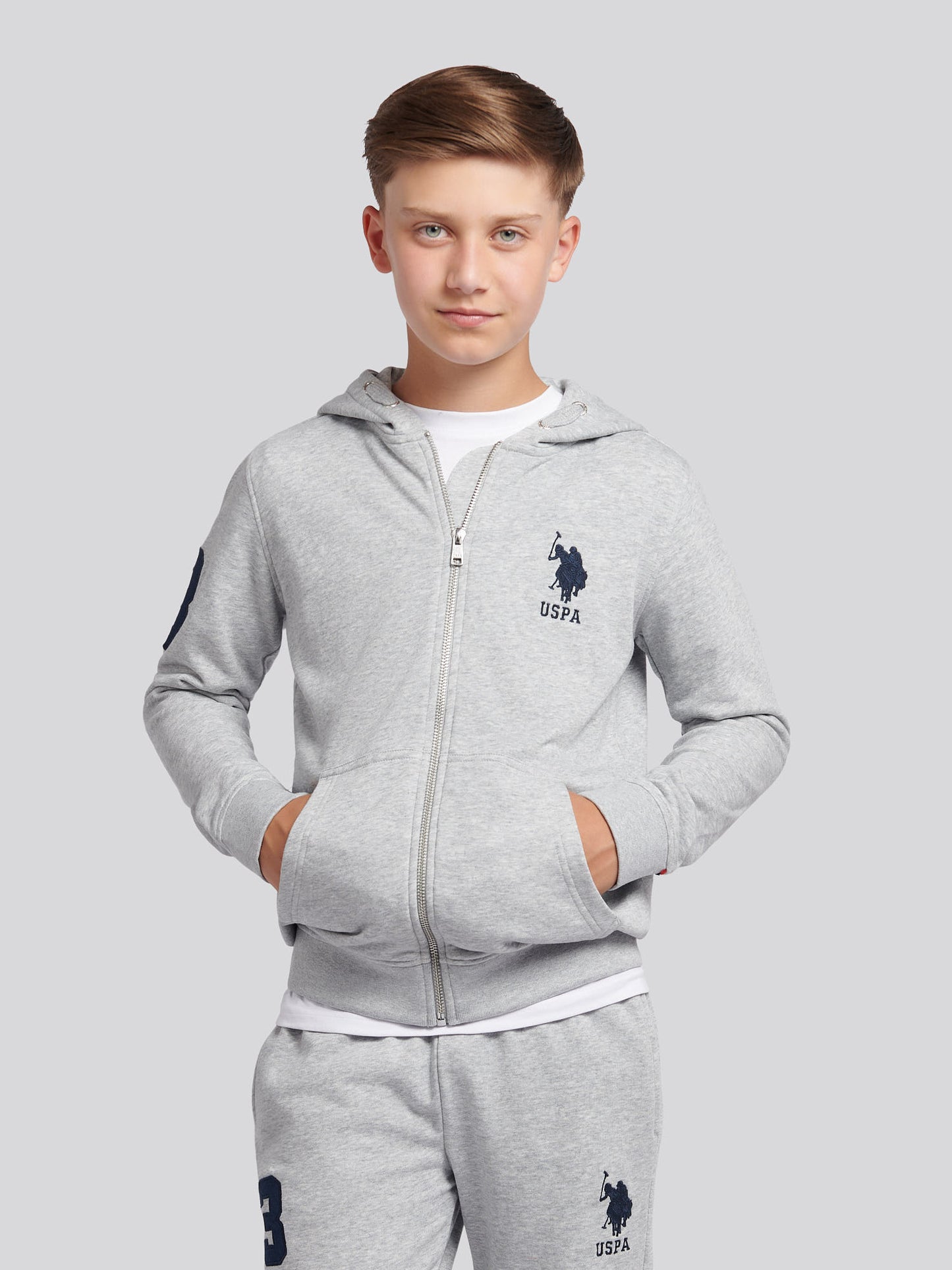 Boys Player 3 Zip Hoodie in Mid Grey Marl