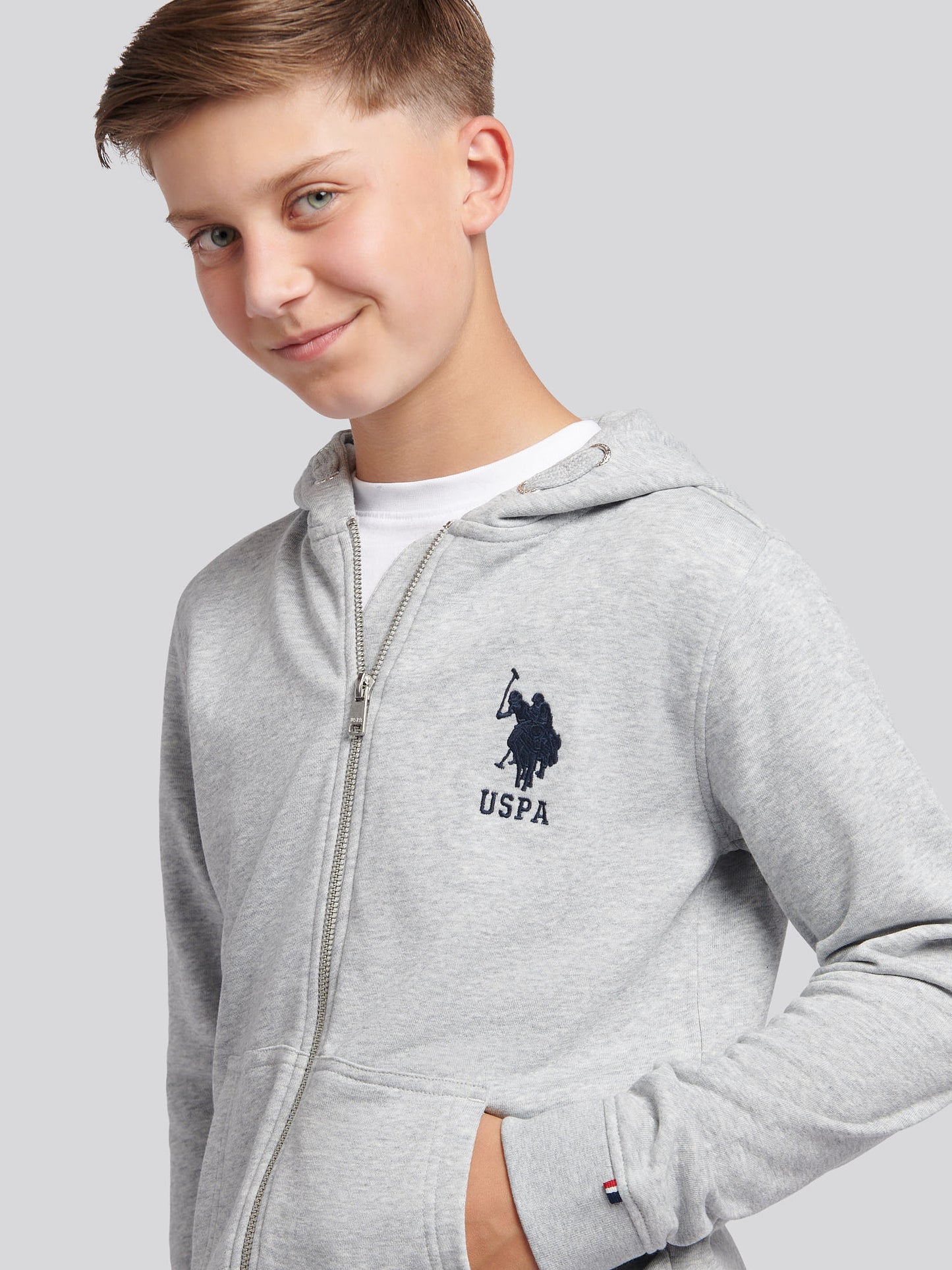 Boys Player 3 Zip Hoodie in Mid Grey Marl