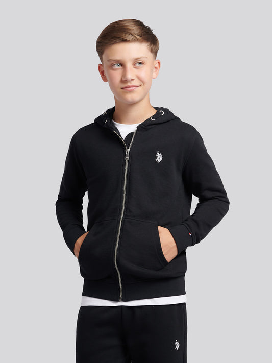 Boys Double Horsemen Zip Hoodie in Black Bright White DHM
