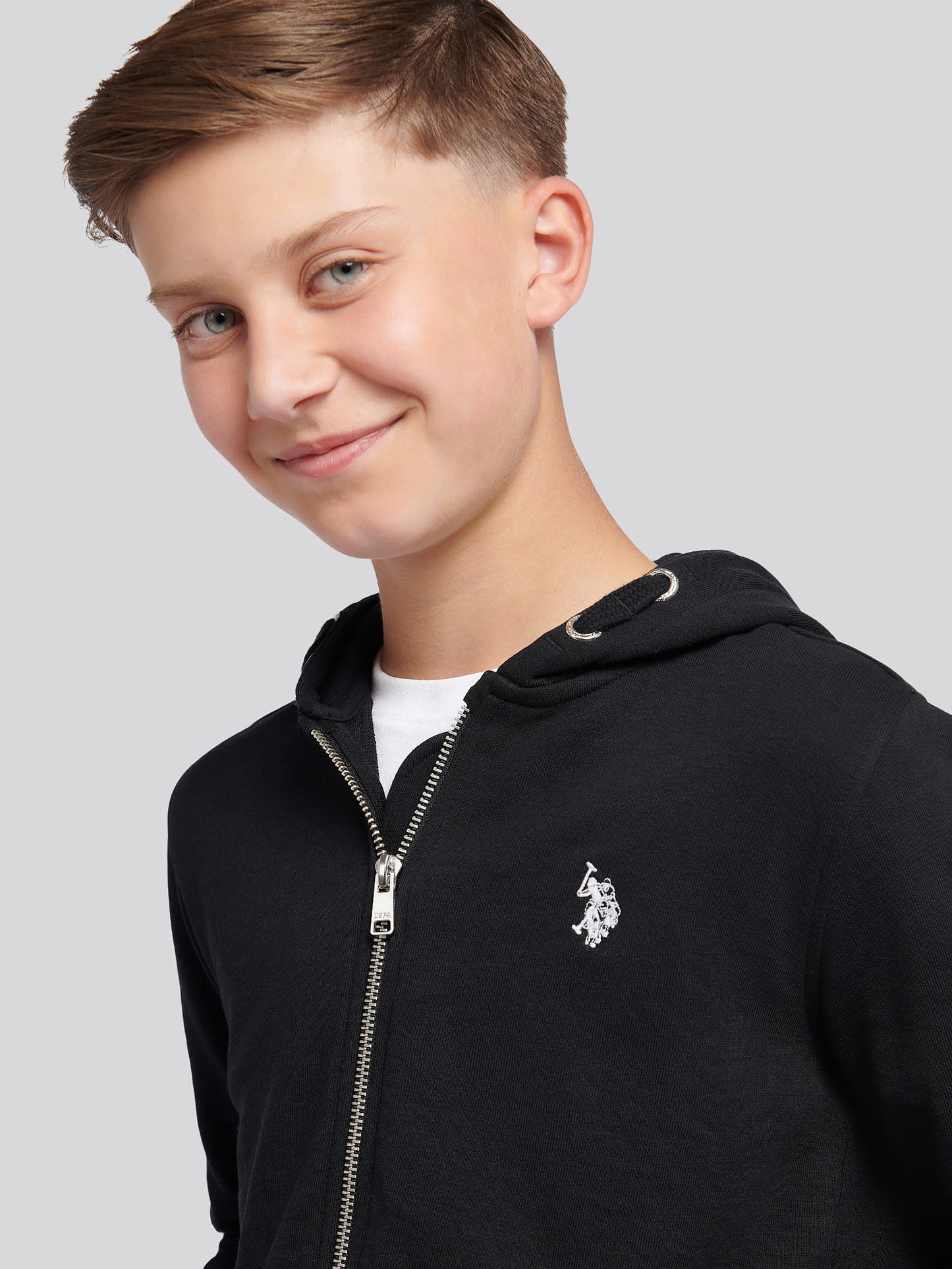 Boys Double Horsemen Zip Hoodie in Black Bright White DHM