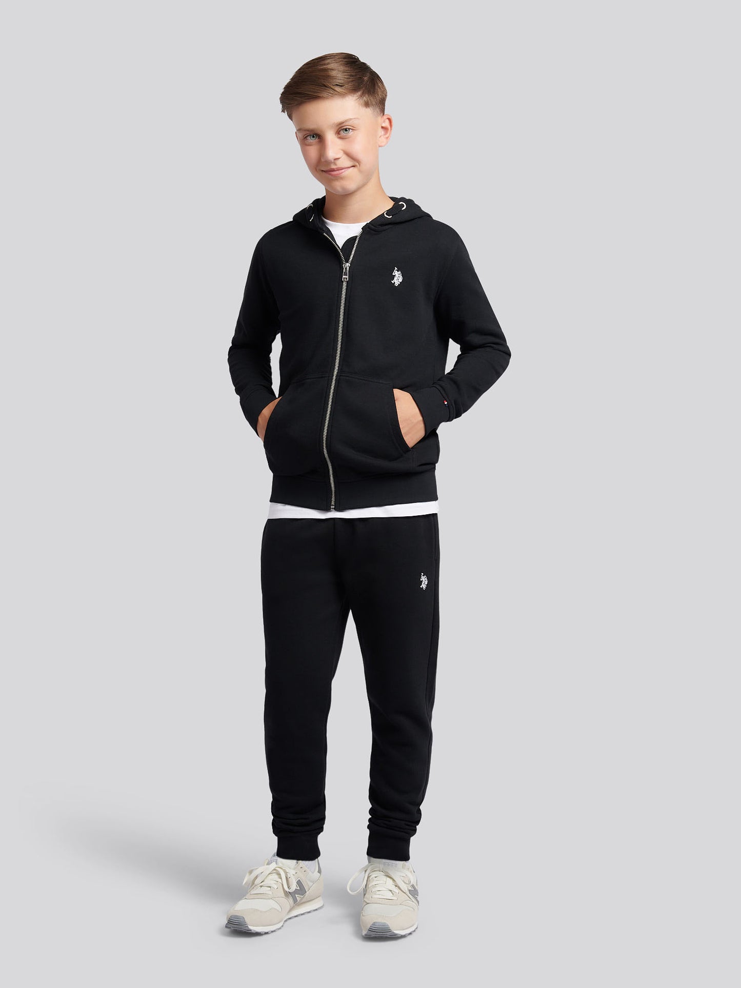 Boys Double Horsemen Zip Hoodie in Black Bright White DHM