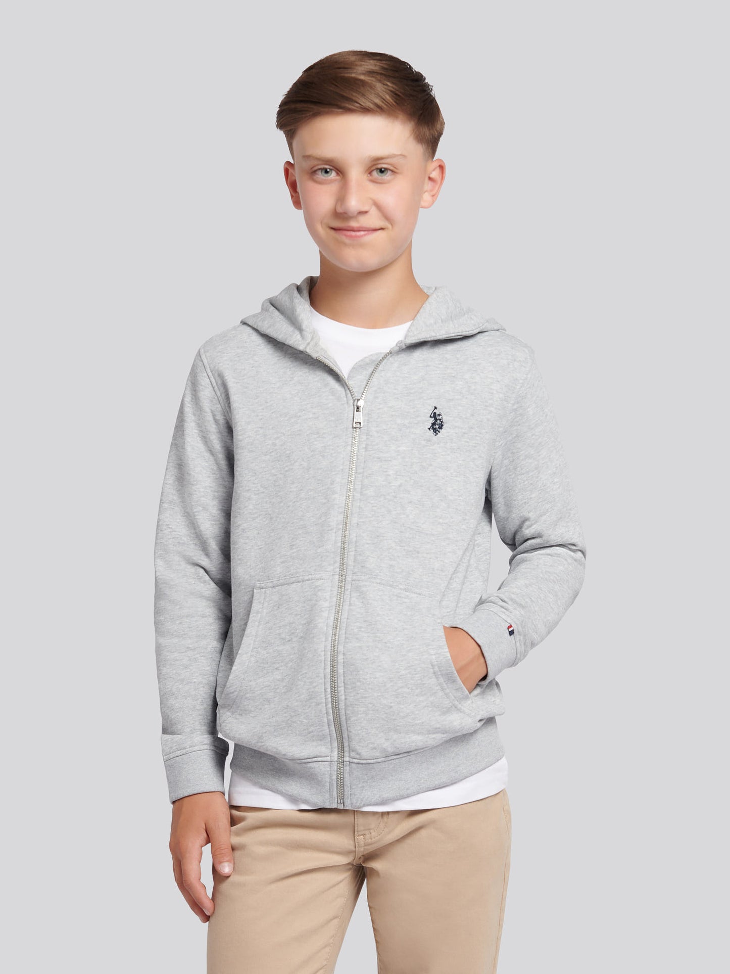 Boys Double Horsemen Zip Hoodie in Mid Grey Marl
