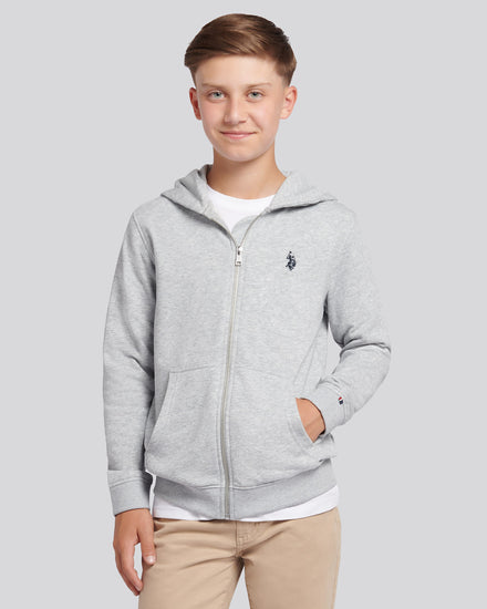 Boys Double Horsemen Zip Hoodie in Mid Grey Marl