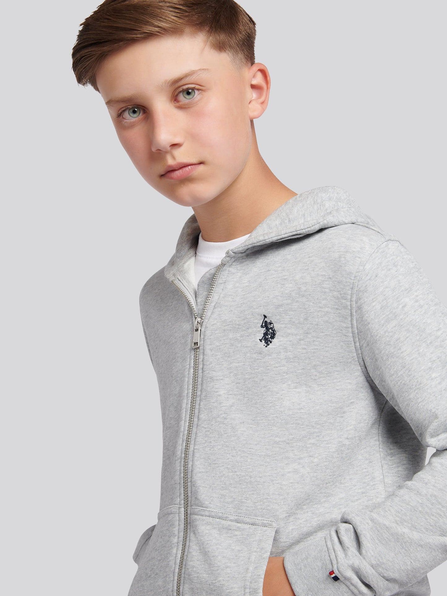 Boys Double Horsemen Zip Hoodie in Mid Grey Marl