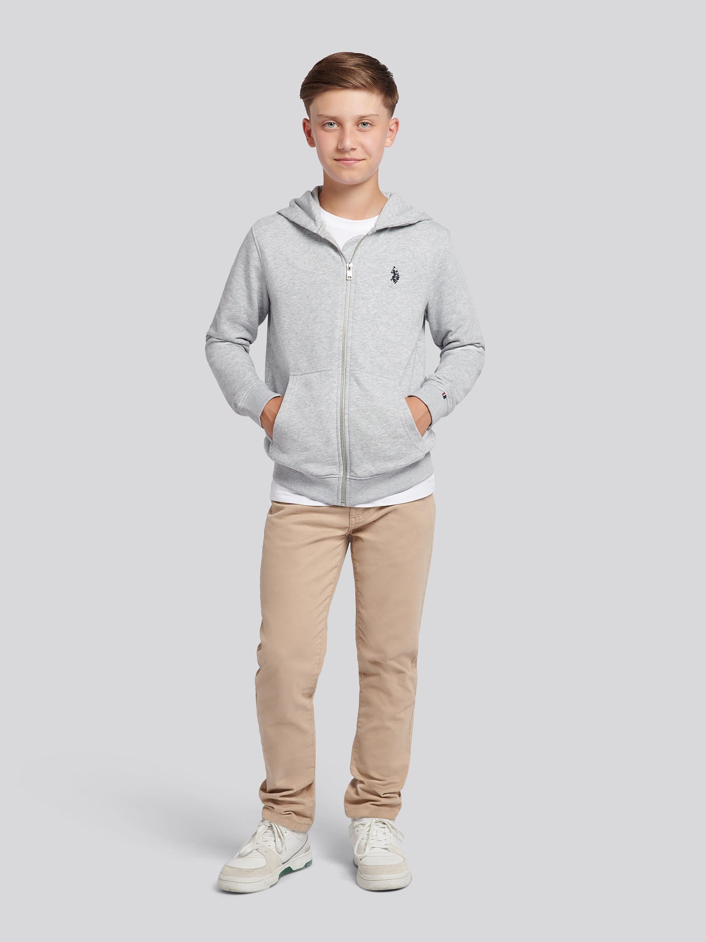 Boys Double Horsemen Zip Hoodie in Mid Grey Marl
