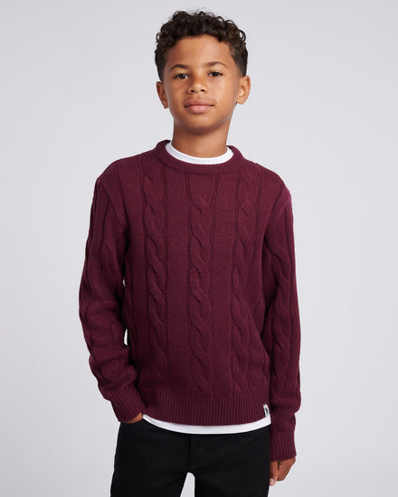 Boys Cable Knit Crew in Grape Wine