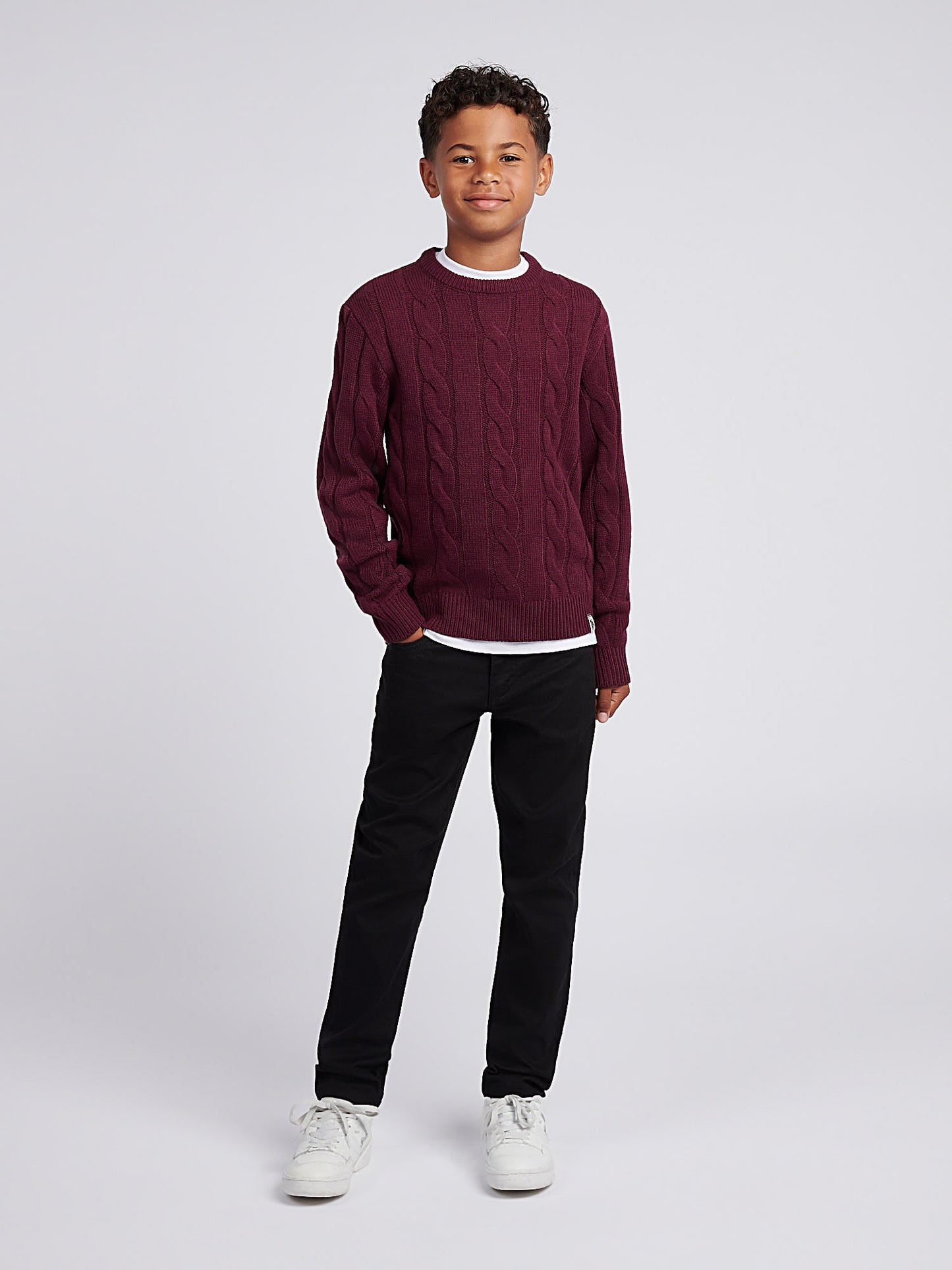 Boys Cable Knit Crew in Grape Wine