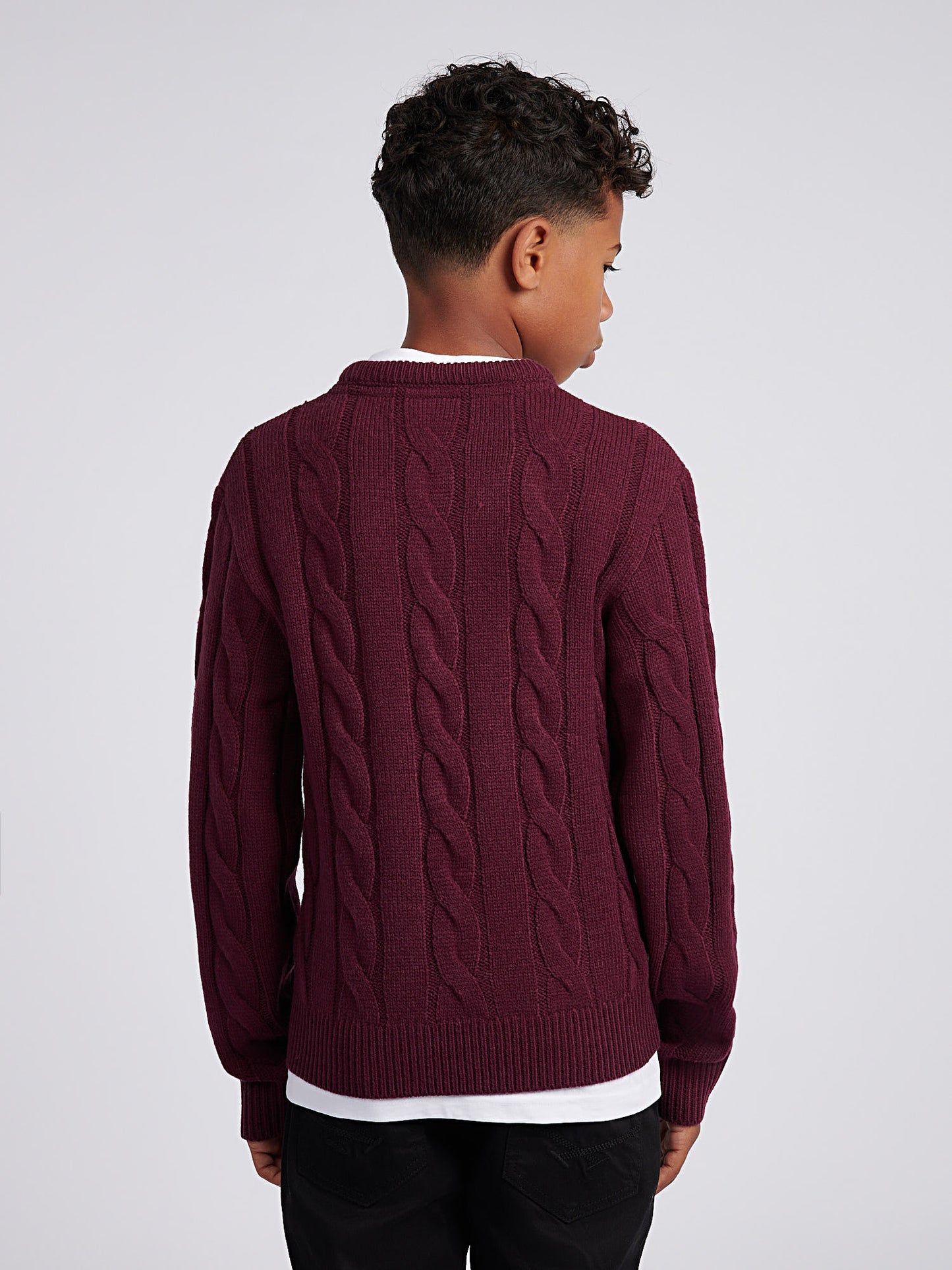Boys Cable Knit Crew in Grape Wine