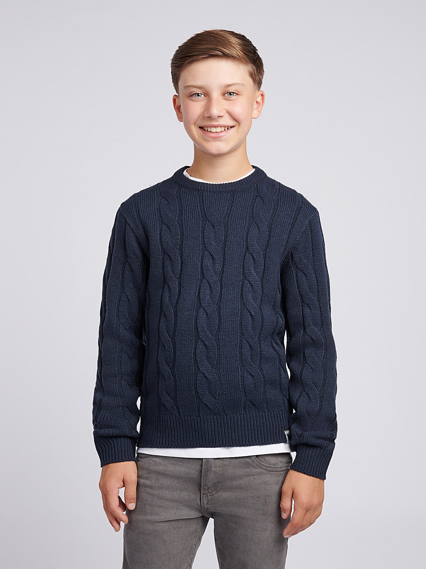 Boys Cable Knit Crew in Dark Sapphire Navy