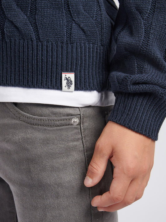 Boys Cable Knit Crew in Dark Sapphire Navy