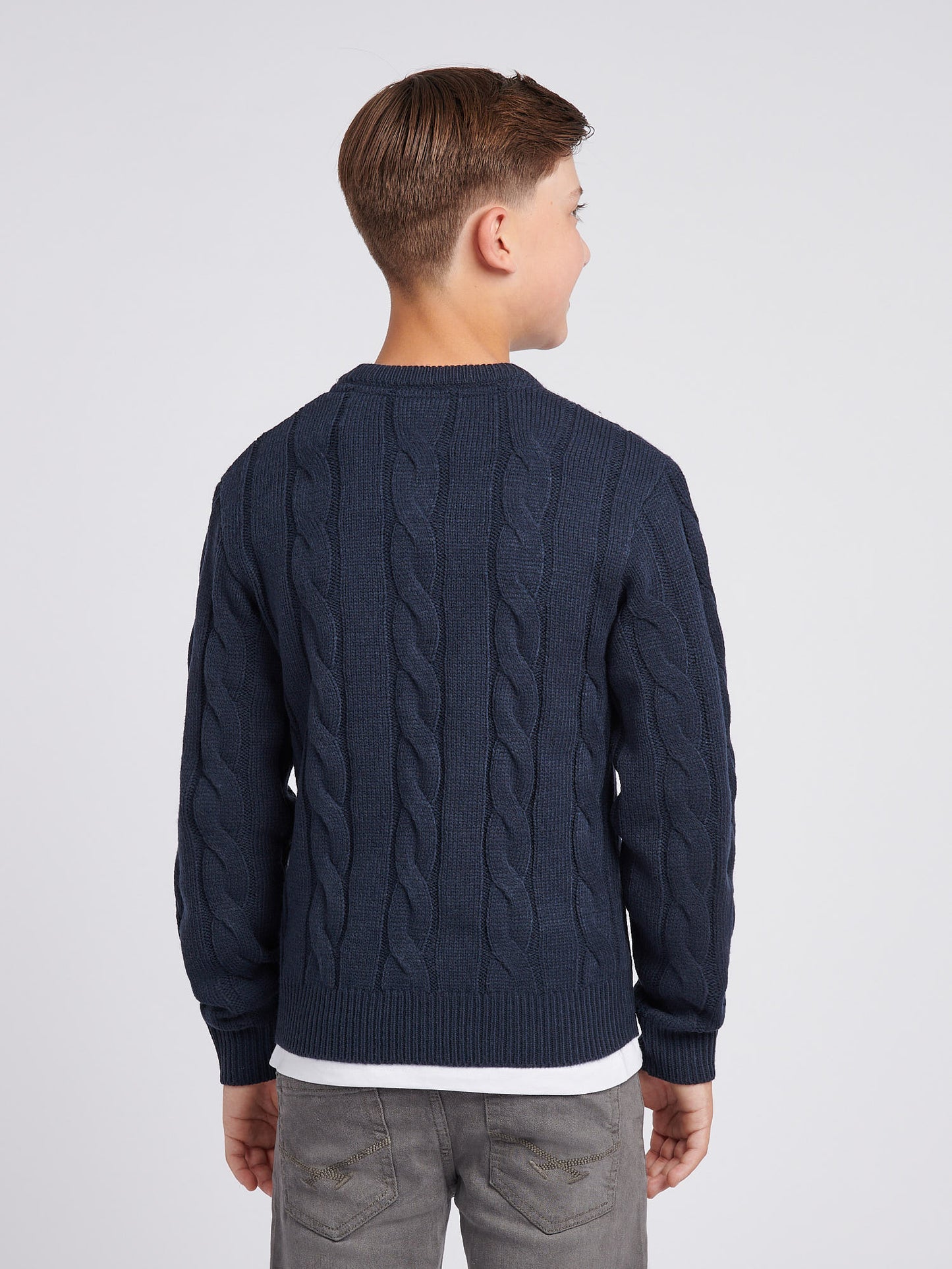 Boys Cable Knit Crew in Dark Sapphire Navy