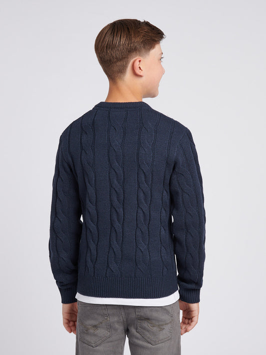 Boys Cable Knit Crew in Dark Sapphire Navy