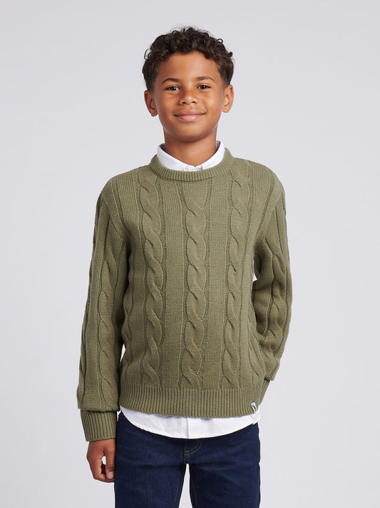 Boys Cable Knit Crew in Mulled Basil