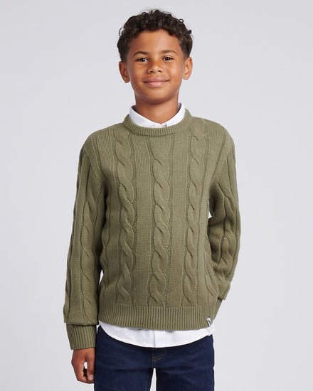 Boys Cable Knit Crew in Mulled Basil