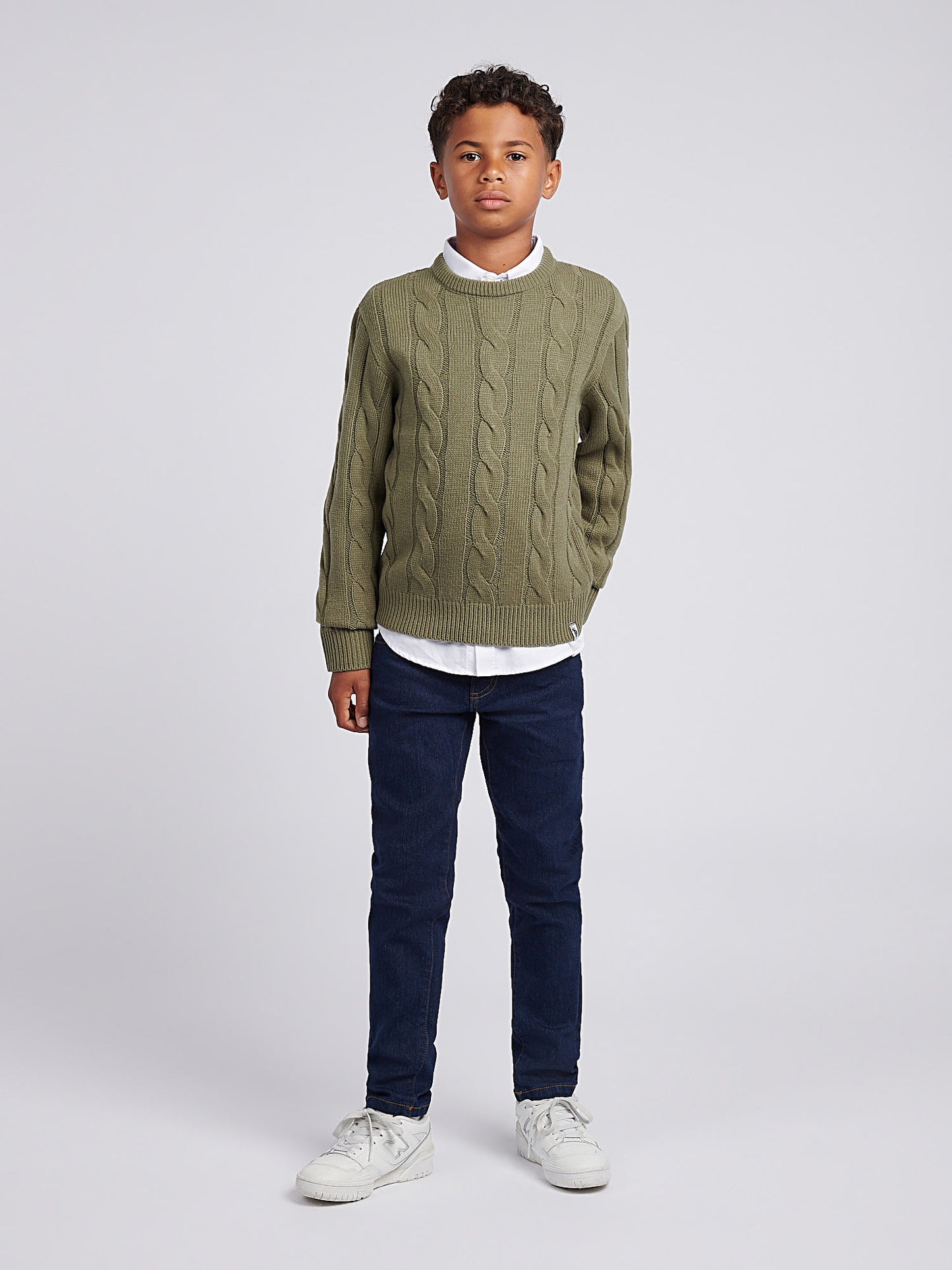 Boys Cable Knit Crew in Mulled Basil