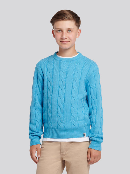Boys Cable Knit Crew in Heritage Blue