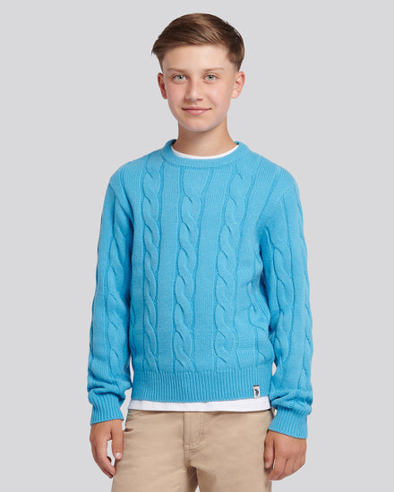 Boys Cable Knit Crew in Heritage Blue