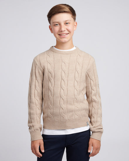 Boys Cable Knit Crew in Atmosphere Marl