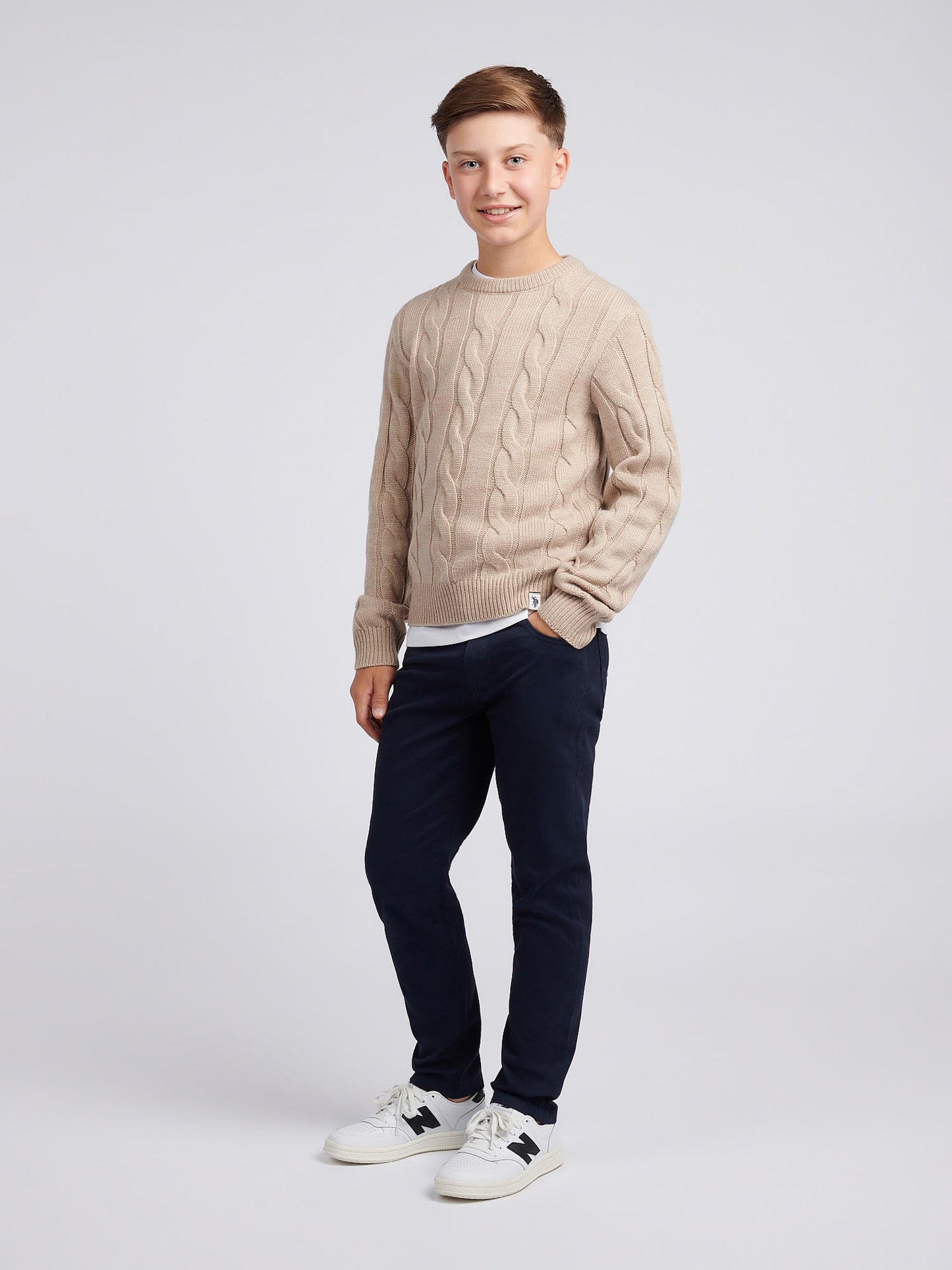 Boys Cable Knit Crew in Atmosphere Marl