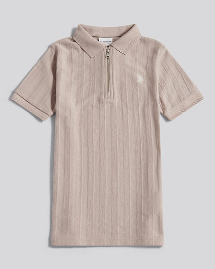 Boys Vertical Stripe Texture Zip Polo Shirt in Atmosphere