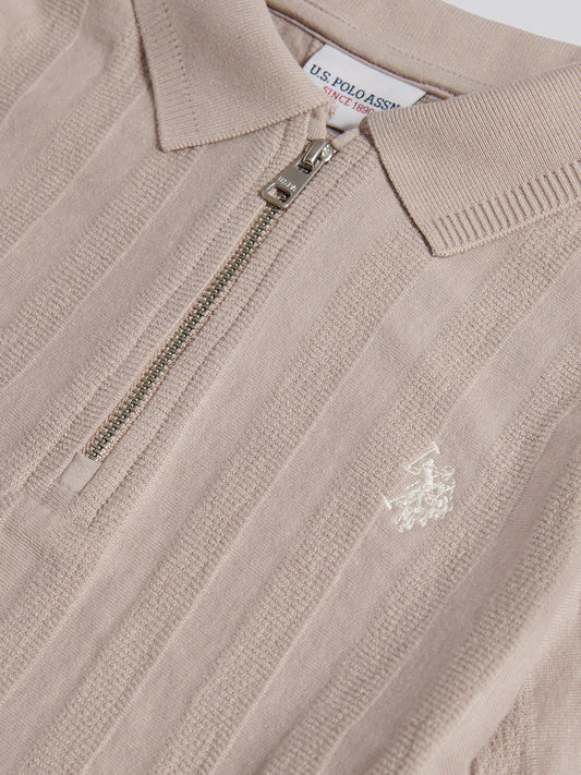 Boys Vertical Stripe Texture Zip Polo Shirt in Atmosphere